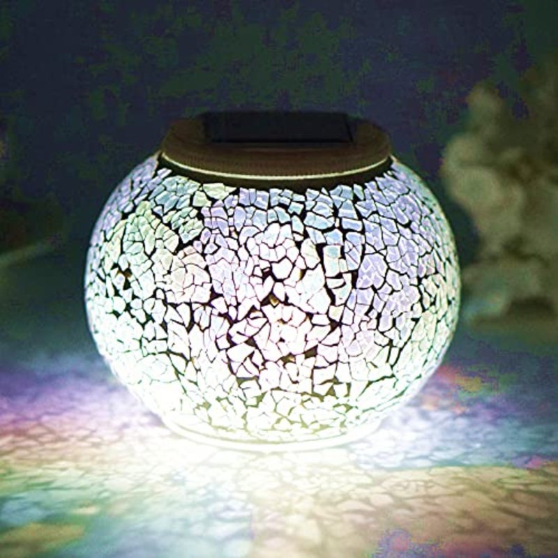 Solar Powered Color Changing Mosaic Crackle Glass Table Lamp - Waterproof LED Night Light for Bedroom, Yard, Patio, Halloween, Christmas Decorations Crackle Glass - Image 1
