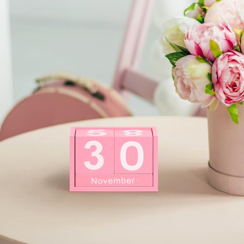 DEERINE Wooden Block Calendar for Desk, Small Size Daily Desktop Perpetual Desk Calendar, Cute Date Display Desk Accessories for Home Office Decor, Teacher, Classroom, Reusable Yearly, Pink - Image 2