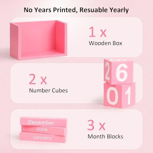 DEERINE Wooden Block Calendar for Desk, Small Size Daily Desktop Perpetual Desk Calendar, Cute Date Display Desk Accessories for Home Office Decor, Teacher, Classroom, Reusable Yearly, Pink - Image 4