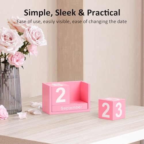 DEERINE Wooden Block Calendar for Desk, Small Size Daily Desktop Perpetual Desk Calendar, Cute Date Display Desk Accessories for Home Office Decor, Teacher, Classroom, Reusable Yearly, Pink - Image 5
