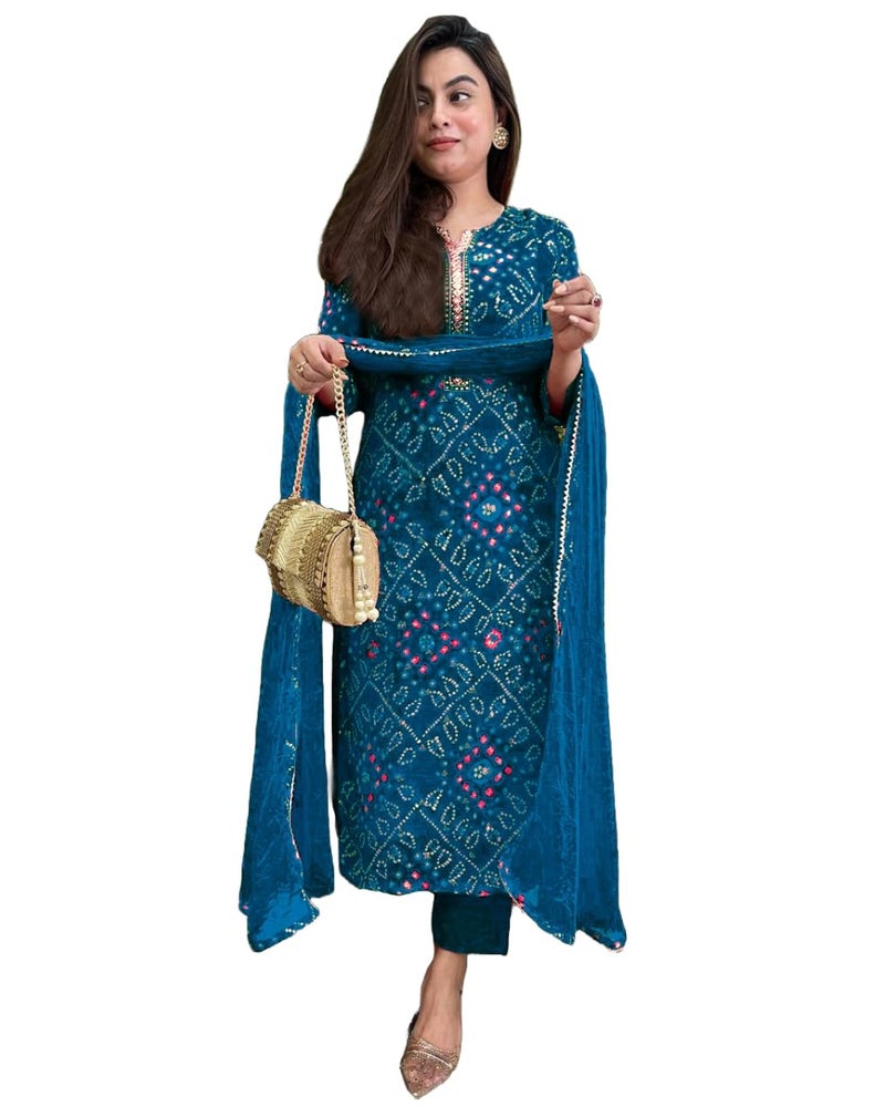 ANNI Designer Women's Rayon Blend Straight Printed Kurta with Pant & Dupatta (TURAE Cerosin_M_Dark Blue_Medium) - Image 1