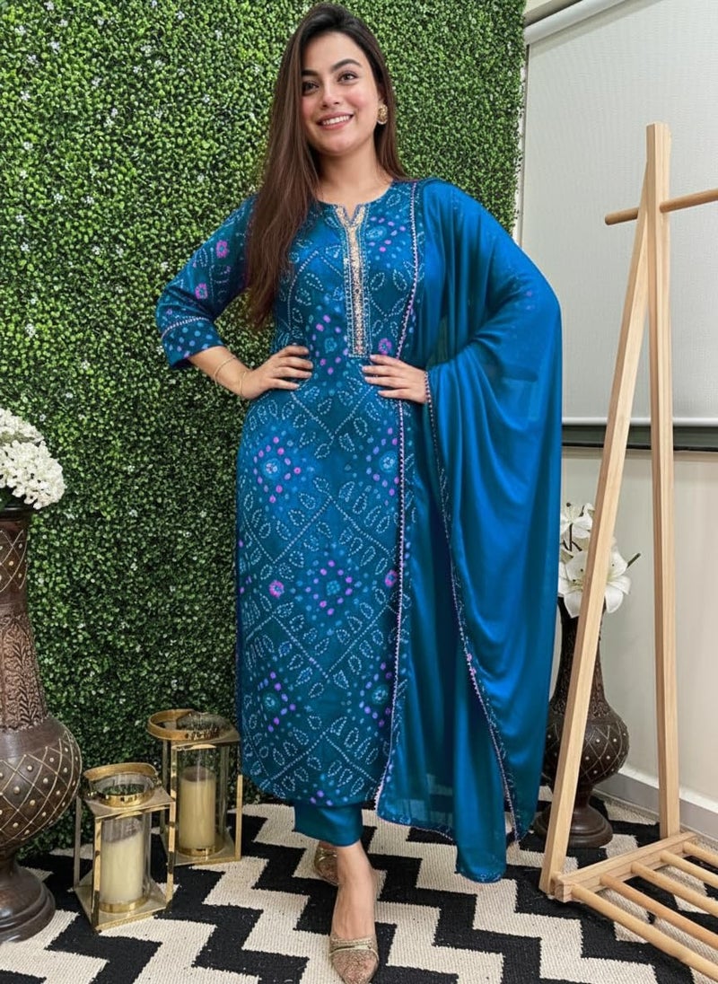 ANNI Designer Women's Rayon Blend Straight Printed Kurta with Pant & Dupatta (TURAE Cerosin_M_Dark Blue_Medium) - Image 3