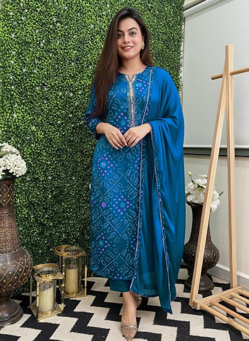 ANNI Designer Women's Rayon Blend Straight Printed Kurta with Pant & Dupatta (TURAE Cerosin_M_Dark Blue_Medium) - Image 4