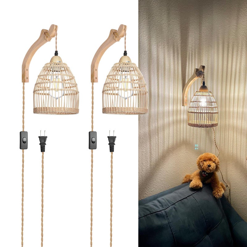 FRIDEKO HOME Frideko Boho Rechargeable Battery Operated Wall Sconces Set of Two with Remote RGB 15 Colors Dimmable Wireless Wall Light Bamboo Indoor Wall Lamp with 3 Timer Rattan Wall Lighting for Bedroom