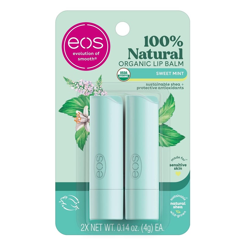 eos 100 Natural  Organic Lip Balm Sticks Sweet Mint AllDay Moisture Dermatologist Recommended for Sensitive Skin 014 oz 2Pack