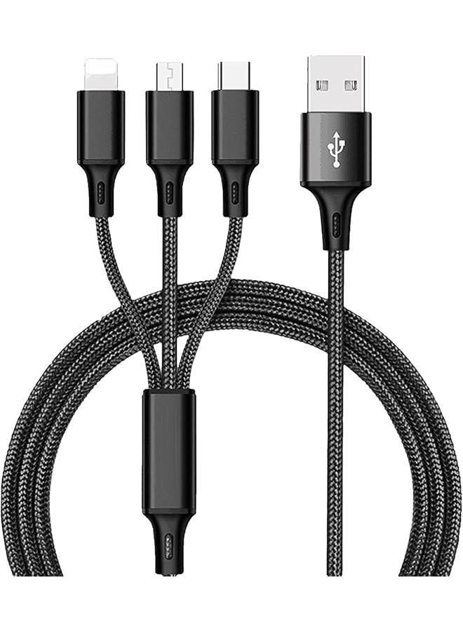 Multi USB Charger Cable, 3 in 1 Nylon Braided Multiple USB Fast Charging Cable Port Connectors Compatible with Cell Phones Tablets Universal Use（1.2 Meters) (Black)