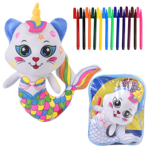 DRAWMYTOY Coloring Plush Toy with 12 Washable Markers for Little Girls Doodle Dolls Arts and Crafts Soft DIY Washable Doodle Stuffed Animal Toy for Kids Ages 46 Birthday Fish Cat - Image 1
