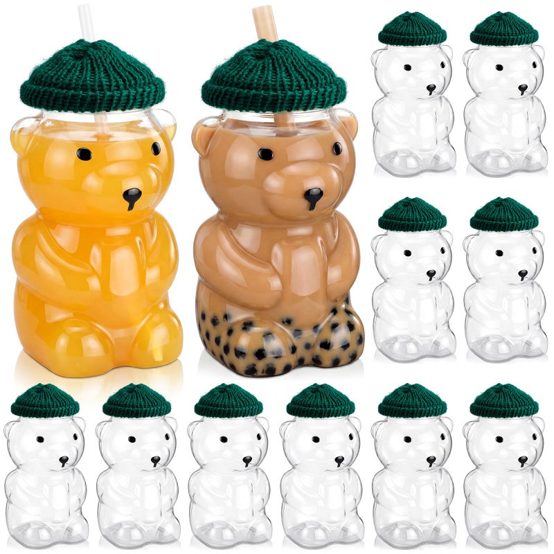 Willinglong 12 Pcs 15 oz Bear Cups Cute Clear Bear Plastic Bottle Mug with Lid and Mini Knit Hat for Juice Milk Tea Beverage Birthday Wedding Party Favors(Straw Not Included) (Green) - Image 1