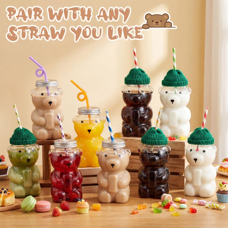 Willinglong 12 Pcs 15 oz Bear Cups Cute Clear Bear Plastic Bottle Mug with Lid and Mini Knit Hat for Juice Milk Tea Beverage Birthday Wedding Party Favors(Straw Not Included) (Green) - Image 3