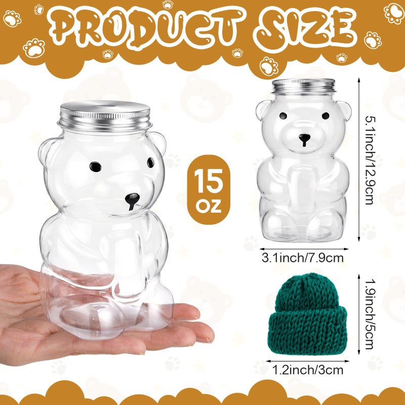 Willinglong 12 Pcs 15 oz Bear Cups Cute Clear Bear Plastic Bottle Mug with Lid and Mini Knit Hat for Juice Milk Tea Beverage Birthday Wedding Party Favors(Straw Not Included) (Green) - Image 2