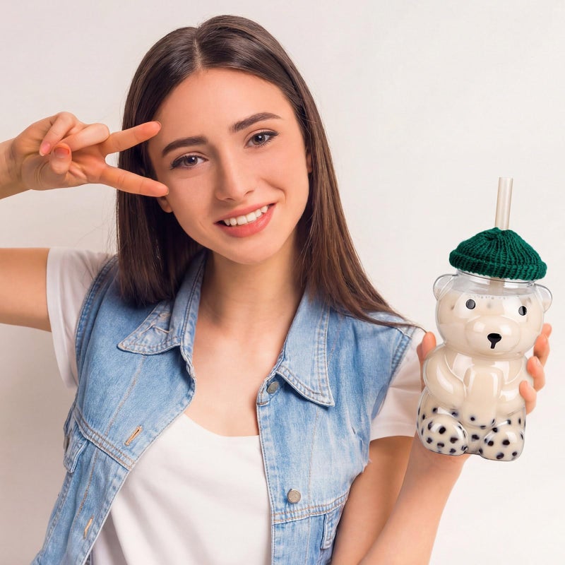 Willinglong 12 Pcs 15 oz Bear Cups Cute Clear Bear Plastic Bottle Mug with Lid and Mini Knit Hat for Juice Milk Tea Beverage Birthday Wedding Party Favors(Straw Not Included) (Green) - Image 4