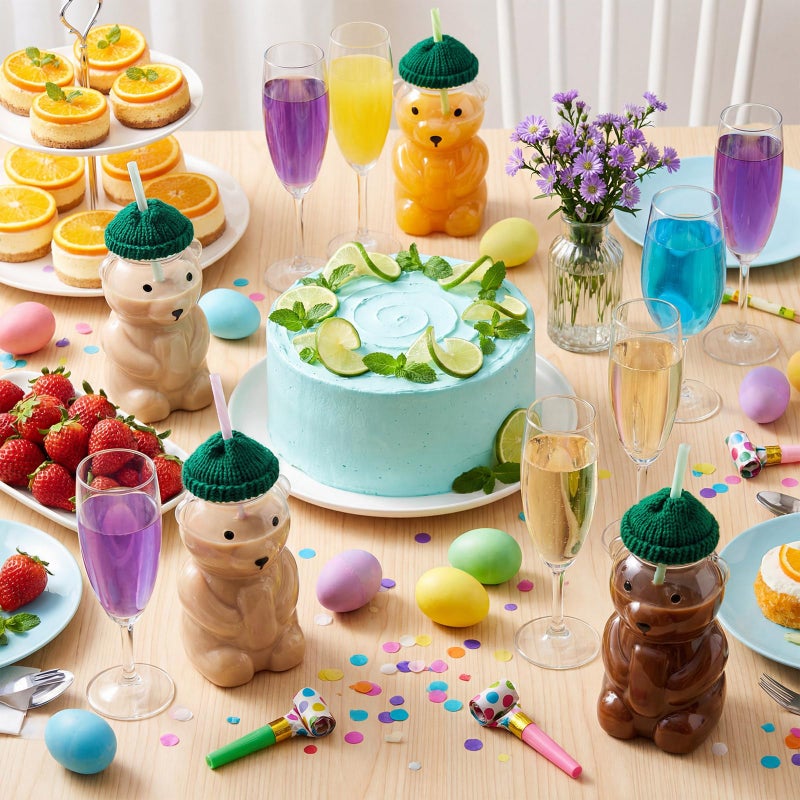 Willinglong 12 Pcs 15 oz Bear Cups Cute Clear Bear Plastic Bottle Mug with Lid and Mini Knit Hat for Juice Milk Tea Beverage Birthday Wedding Party Favors(Straw Not Included) (Green) - Image 5