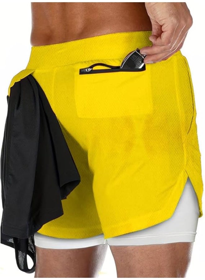VITION Gym Shorts for Men, Men's Activewear Running Shorts,Drawstring Gym Shorts Men, 2 Layer Loose Athletic Shorts with 4 Pockets (XX-Large, Yellow) - Image 3