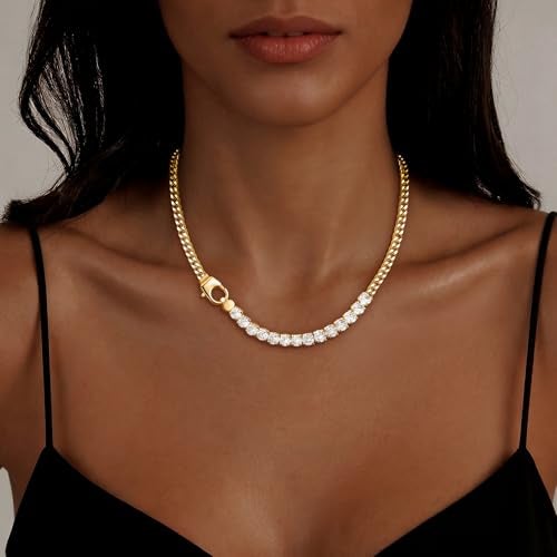 IMBOS Chunky Gold Necklace Tennis Necklace for Women 14K Gold Plated CZ Love Chain Chunky Diamond Necklace Cuban Link Chain Choker Dainty Jewelry Gifts - Image 2