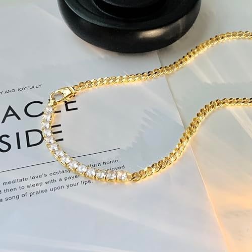 IMBOS Chunky Gold Necklace Tennis Necklace for Women 14K Gold Plated CZ Love Chain Chunky Diamond Necklace Cuban Link Chain Choker Dainty Jewelry Gifts - Image 5