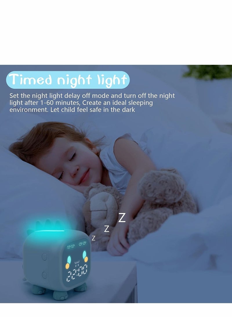 Captaintech Kids Alarm Clock, Digital Alarm Clock for Kids Bedroom, Cute Dinosaur Bedside Clock Children's Sleep Trainier, Wake Up Light & Night Light with USB Alarm Clock for Boys Girls Birthday Gifts (Green) - Image 2