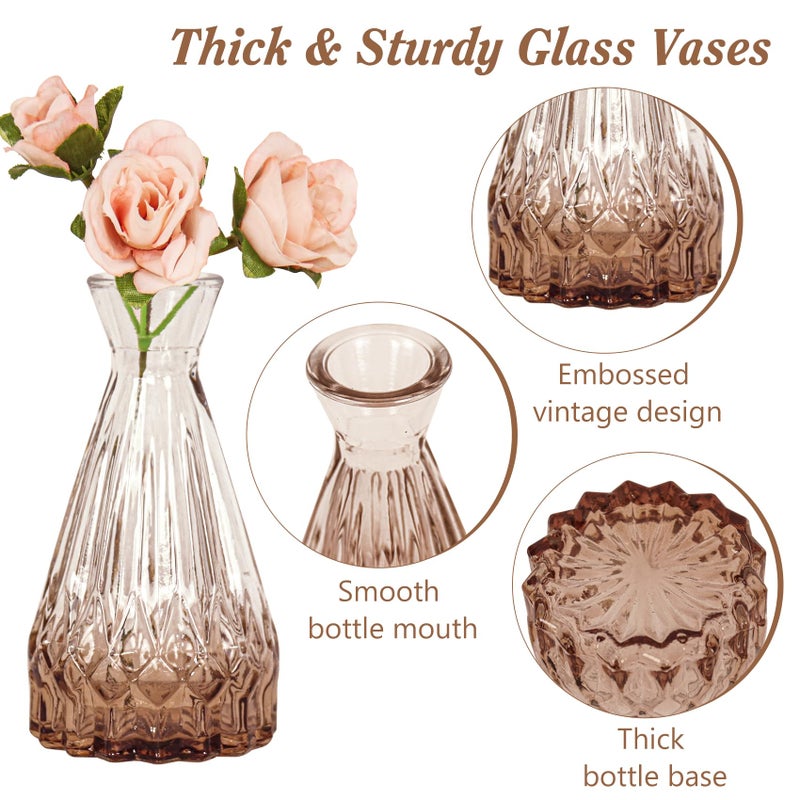 Fivenl Set of 40 Glass Bud Vases, Small Amber Glass Vases in Bulk, Mini Vintage Embossed Flower Vase for Wedding, Centerpieces, Birthday Party, Baby Shower, Home Table Decorations (Amber) - Image 3