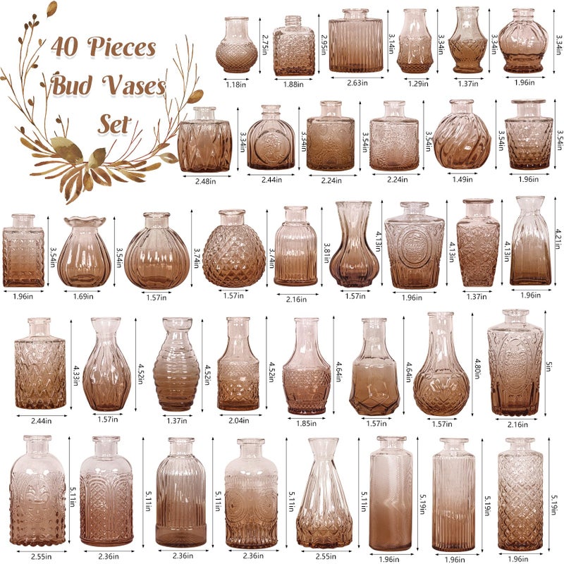 Fivenl Set of 40 Glass Bud Vases, Small Amber Glass Vases in Bulk, Mini Vintage Embossed Flower Vase for Wedding, Centerpieces, Birthday Party, Baby Shower, Home Table Decorations (Amber) - Image 2