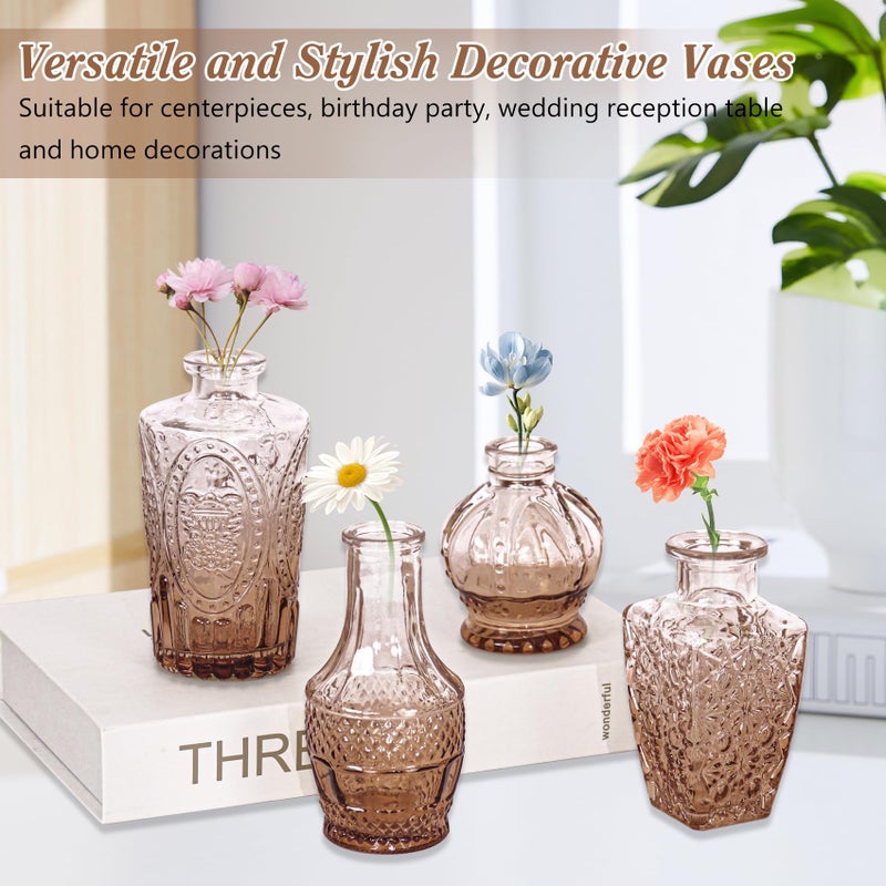 Fivenl Set of 40 Glass Bud Vases, Small Amber Glass Vases in Bulk, Mini Vintage Embossed Flower Vase for Wedding, Centerpieces, Birthday Party, Baby Shower, Home Table Decorations (Amber) - Image 5