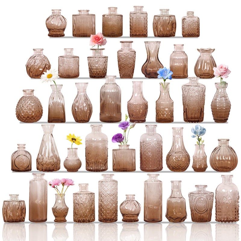 Fivenl Set of 40 Glass Bud Vases, Small Amber Glass Vases in Bulk, Mini Vintage Embossed Flower Vase for Wedding, Centerpieces, Birthday Party, Baby Shower, Home Table Decorations (Amber) - Image 1