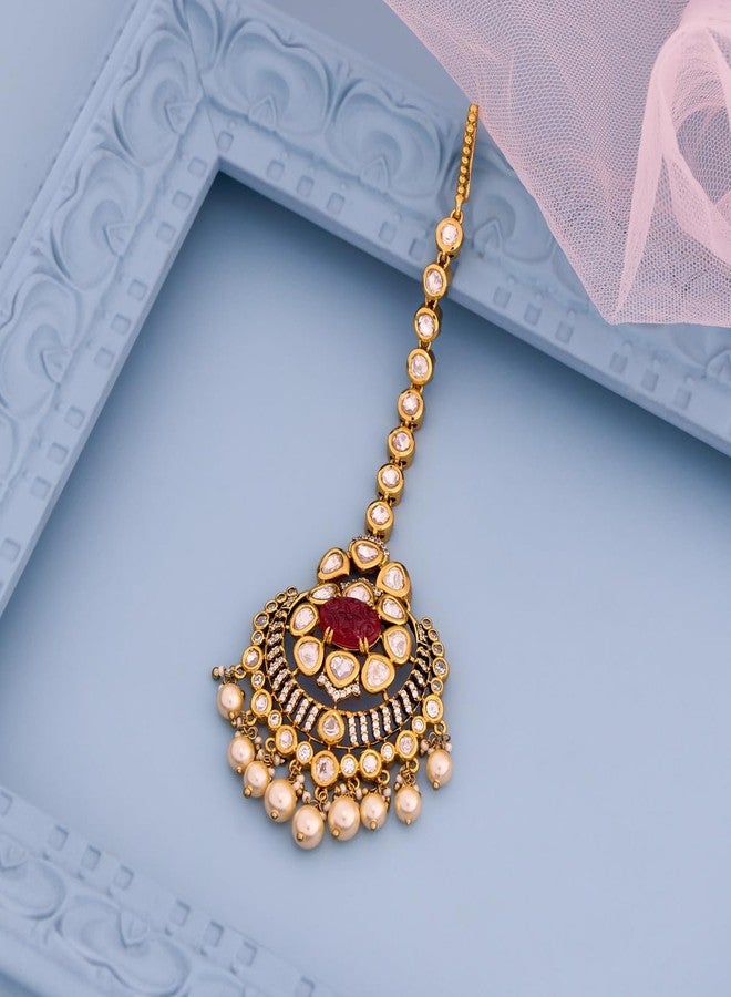 Kushal's Fashion Jewellery ruby victorian polished kundan maang tikka for women | Best for bridal & Special Occasion - 458664 - Image 3