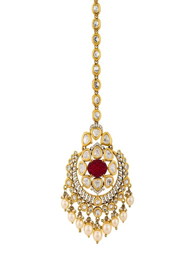 Kushal's Fashion Jewellery ruby victorian polished kundan maang tikka for women | Best for bridal & Special Occasion - 458664 - Image 4