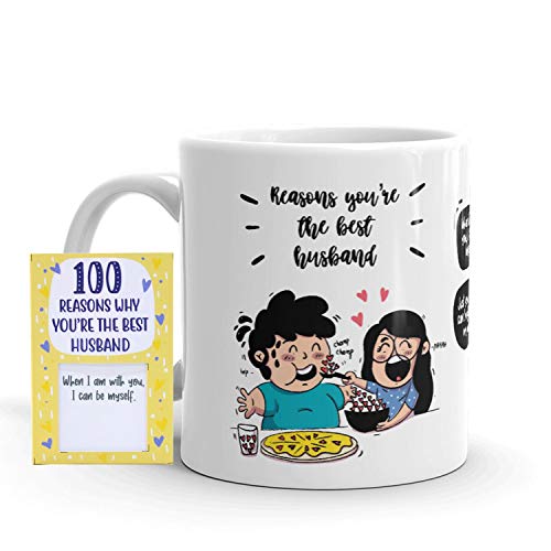 Oye Happy - 100 Reasons You're The Best Hubby Premium Quality Mug and Cards Combo - Best Gift Combo for Husband on Birthday/Anniversary/Valentine's Day (Ceramic) (Microwavable) (330 ml) - Image 1
