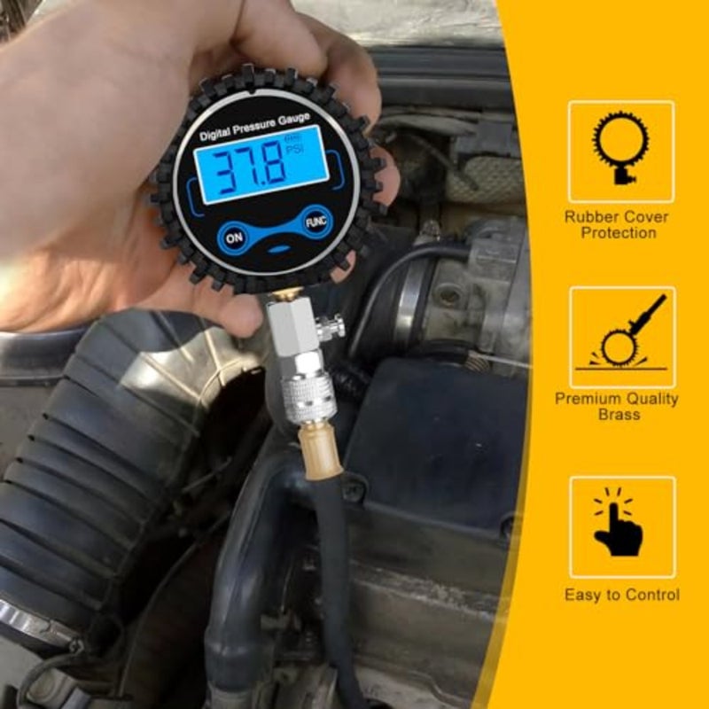 مجموعة أدوات اختبار ضغط أسطوانة السيارات: مقياس رقمي 0-300 رطل لكل بوصة مربعة، غلاف من الألومنيوم، أسود مع لمسات حمراء، قياس عالي الدقة ومحولات توصيل سريعة - Image 4