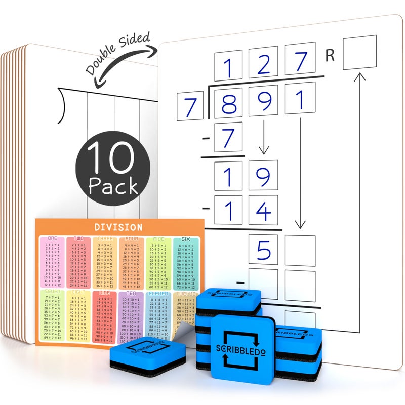 SCRIBBLEDO 10 Pack Dry Erase Division White Boards 9 x 12 Inch Whiteboards Double Sided Math Manipulatives Long Division Lapboards for Kids Students Classroom and Home 10 Whiteboard Erasers Included