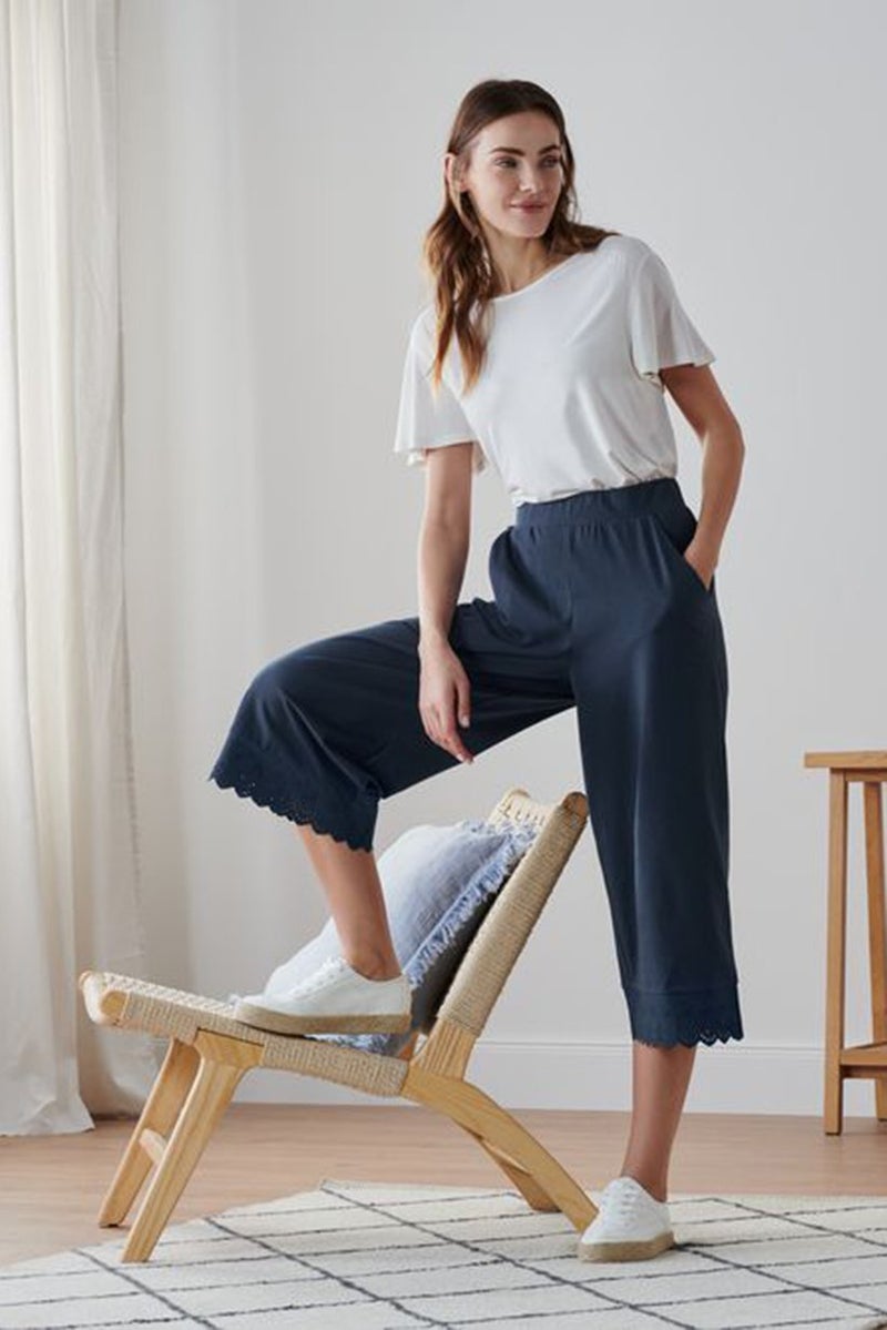 Tchibo Women Straight Leg Embroidery Pull On Pants, Navy - Image 1