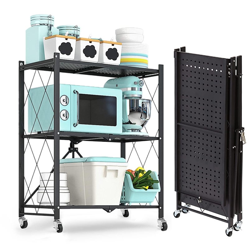 PRETOX PRETOX Metal Kitchen Rolling Microwave Table on Wheels Foldable Rolling Storage Table with Wheels Metal Storage Rack 3 Layer Kitchen Folding Utility Microwave Oven Stand  - Image 1