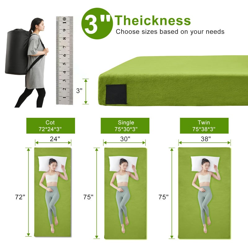 Lxotvae Memory Foam Camping Mattress Pad, Waterproof Sleeping Mat for Car/Tent/Cot, Portable Roll Up Floor Mattress for Guest Sleepover, Cot Pad for Adults with Travel Bag - Image 3