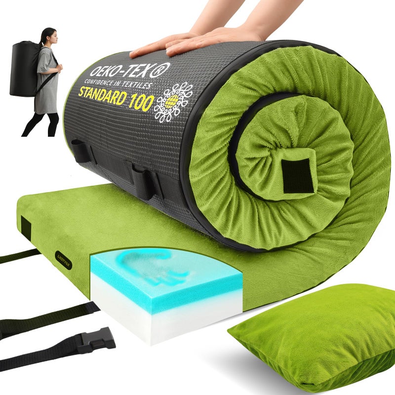 Lxotvae Memory Foam Camping Mattress Pad, Waterproof Sleeping Mat for Car/Tent/Cot, Portable Roll Up Floor Mattress for Guest Sleepover, Cot Pad for Adults with Travel Bag - Image 1