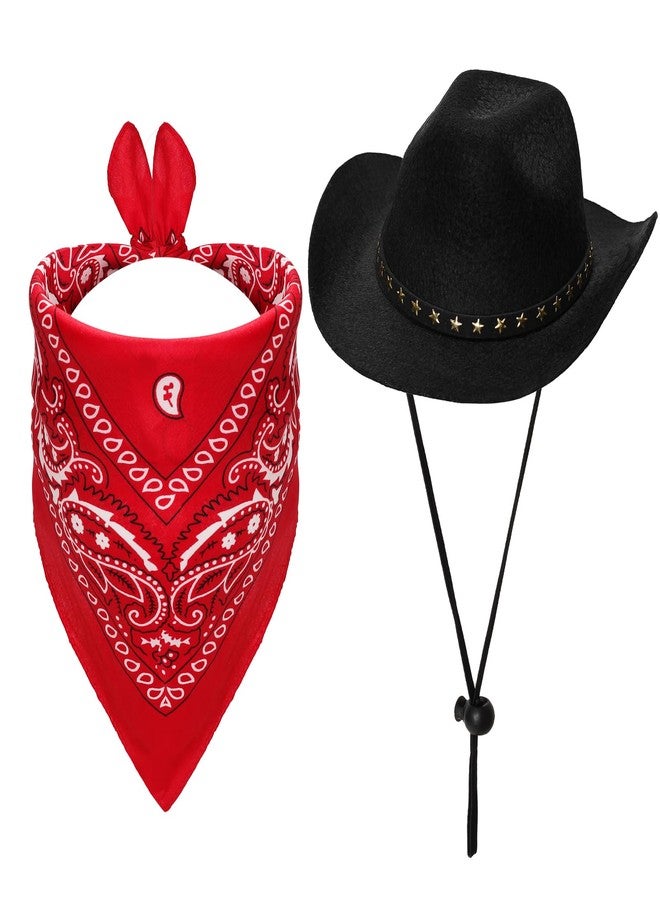 Fumwase Pet Cowboy Costume Halloween Costumes for Dogs Cat Cowboy Hats with Bandana Scarf Costume Accessories Dog Cat (Black hat + Red, Large) - Image 1