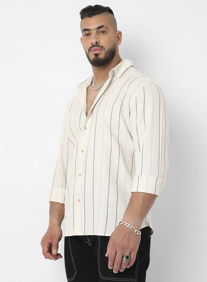 Instafab Plus Instafab Plus Men's Beige Contrast Pinstriped Shirt For Casual Wear | Spread Collar | Long Sleeve | Button Closure | Cotton Viscose Shirt Crafted With Comfort Fit For Everyday Wear