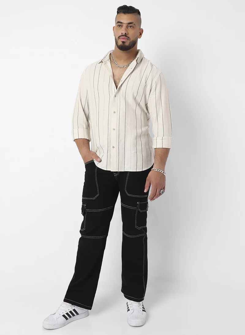 Instafab Plus Instafab Plus Men's Beige Contrast Pinstriped Shirt For Casual Wear | Spread Collar | Long Sleeve | Button Closure | Cotton Viscose Shirt Crafted With Comfort Fit For Everyday Wear