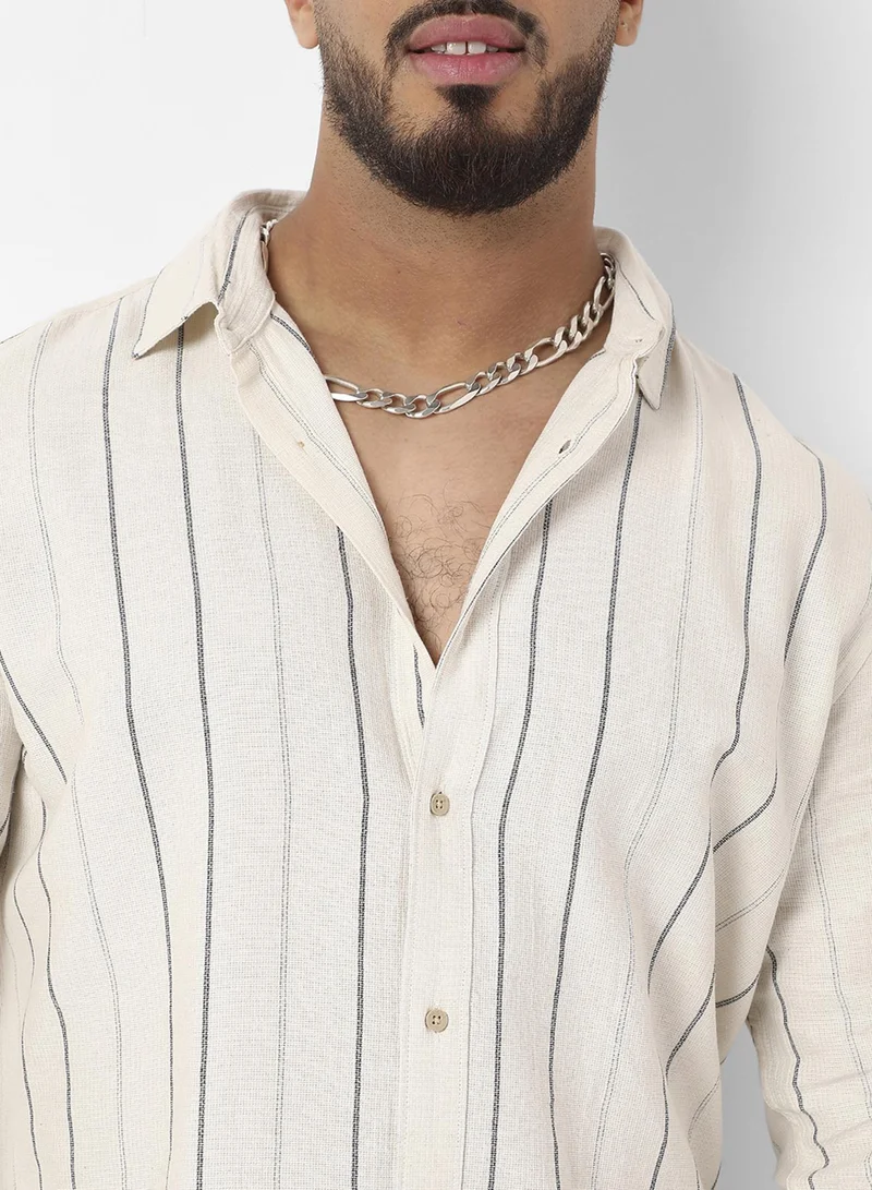Instafab Plus Instafab Plus Men's Beige Contrast Pinstriped Shirt For Casual Wear | Spread Collar | Long Sleeve | Button Closure | Cotton Viscose Shirt Crafted With Comfort Fit For Everyday Wear