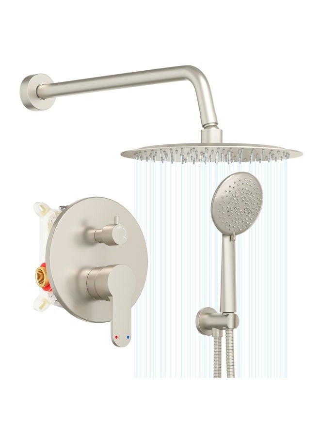 Gabrylly Brushed Nickel Shower System, Wall Mounted Shower Faucet Set with High Pressure 12" Stainless Steel Rain Shower head and 5-Setting Handheld Shower Head Set, 2 Way Pressure Balance Shower Valve - Image 1