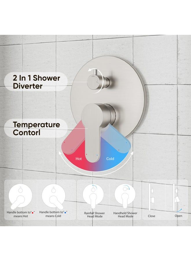 Gabrylly Brushed Nickel Shower System, Wall Mounted Shower Faucet Set with High Pressure 12" Stainless Steel Rain Shower head and 5-Setting Handheld Shower Head Set, 2 Way Pressure Balance Shower Valve - Image 5