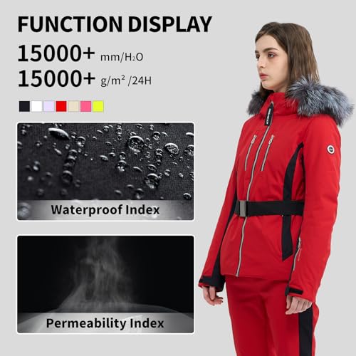 HIGH EXPERIENCE Women Ski Jacket Snowboard Fitted Slim Fit Short Snow Coat Belted Mountain Waterproof Insulated Warm Winter (US, Alpha, Medium, Regular, Regular, Red) - Image 4
