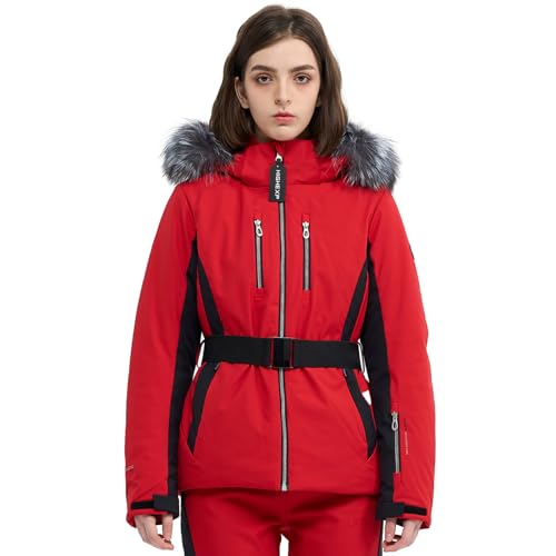HIGH EXPERIENCE Women Ski Jacket Snowboard Fitted Slim Fit Short Snow Coat Belted Mountain Waterproof Insulated Warm Winter (US, Alpha, Medium, Regular, Regular, Red) - Image 1