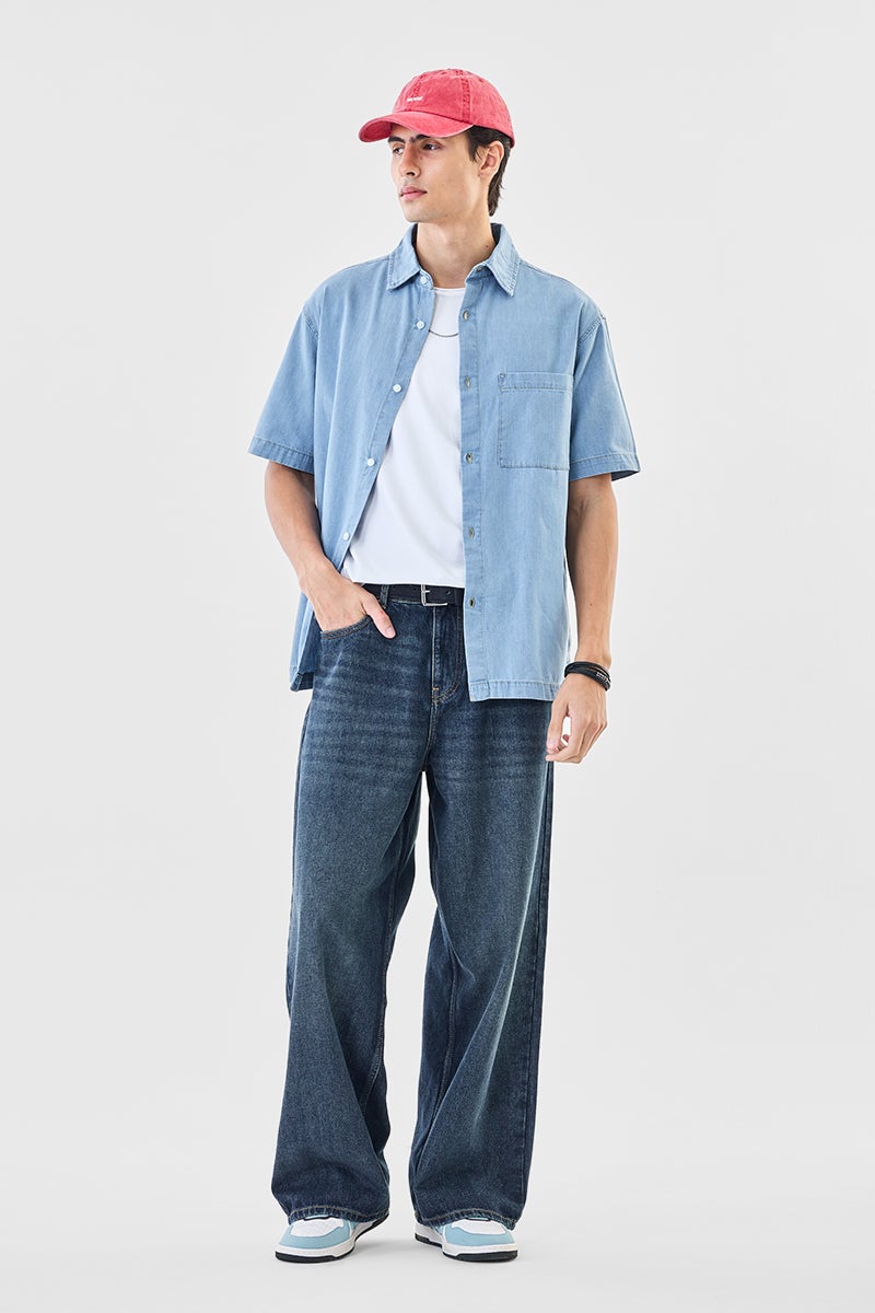 SNITCH Light Blue Solid Half Sleeve Relaxed Shirt - Image 2