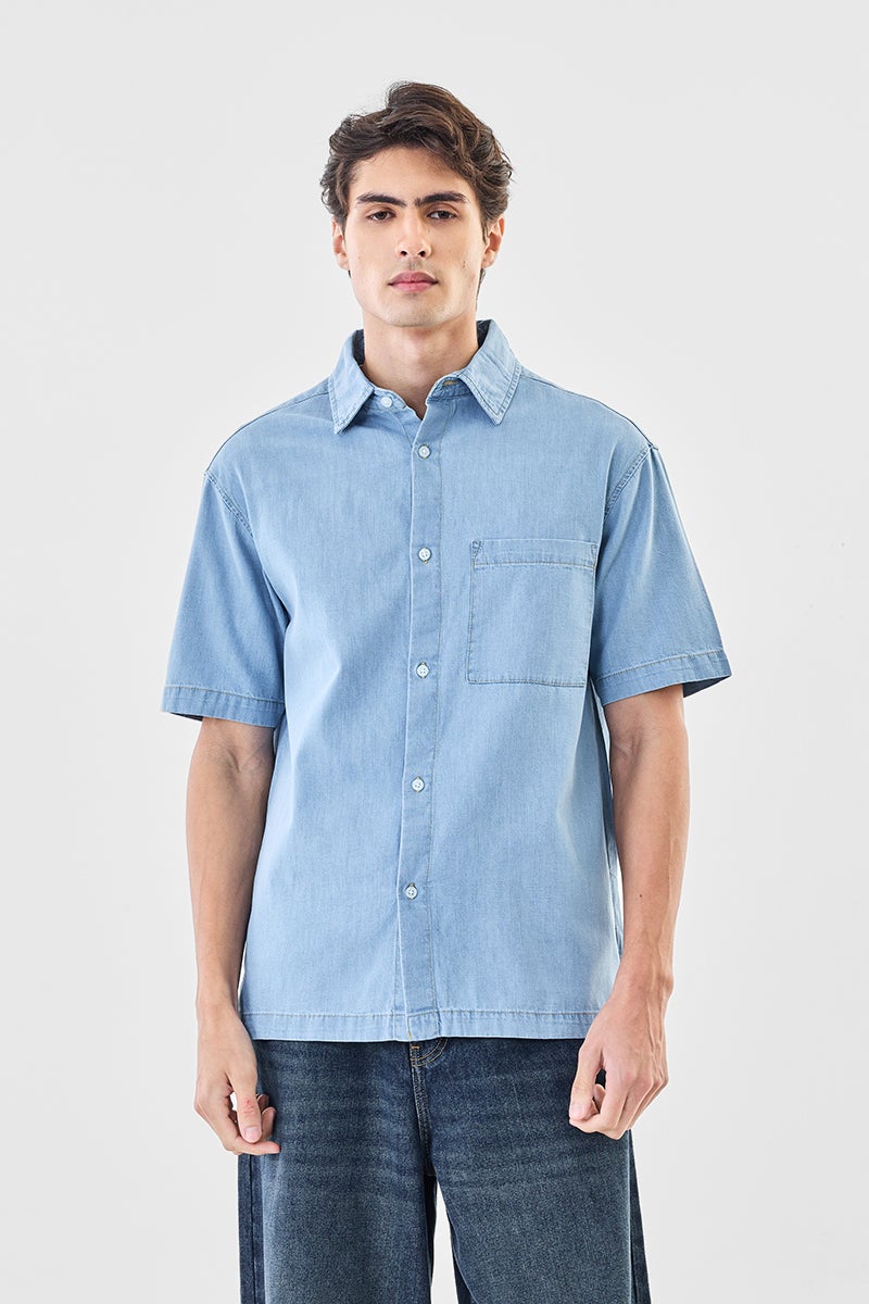 SNITCH Light Blue Solid Half Sleeve Relaxed Shirt - Image 4