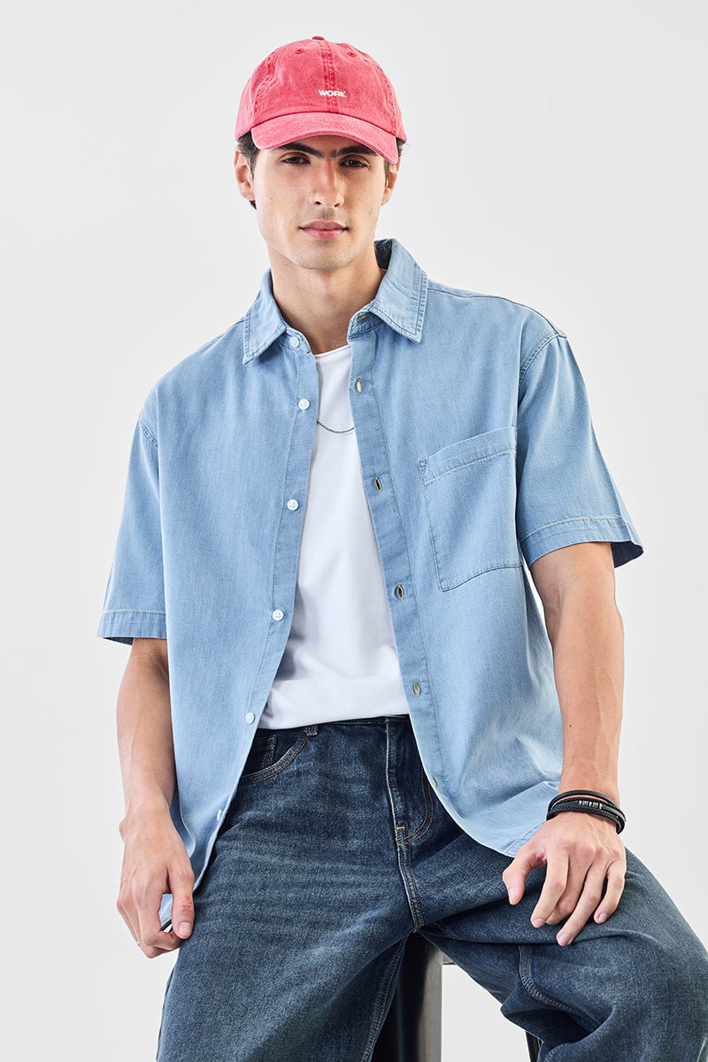 SNITCH Light Blue Solid Half Sleeve Relaxed Shirt - Image 1