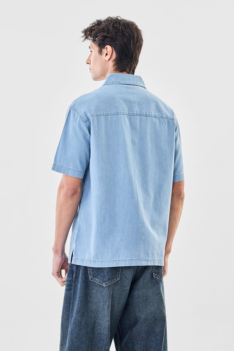 SNITCH Light Blue Solid Half Sleeve Relaxed Shirt - Image 5