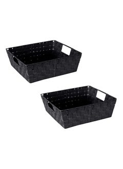 Simplify Large Shelf Woven Strap Tote Decorative Storage Basket Built In Handles Organizing Accessories Drawers Desks Closets Bathroom Bedroom Nursery Toys Gifts 2 Pack Black  - Image 1
