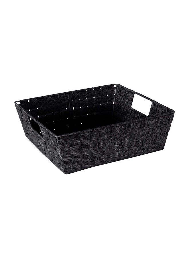 Simplify Large Shelf Woven Strap Tote Decorative Storage Basket Built In Handles Organizing Accessories Drawers Desks Closets Bathroom Bedroom Nursery Toys Gifts 2 Pack Black - Image 3