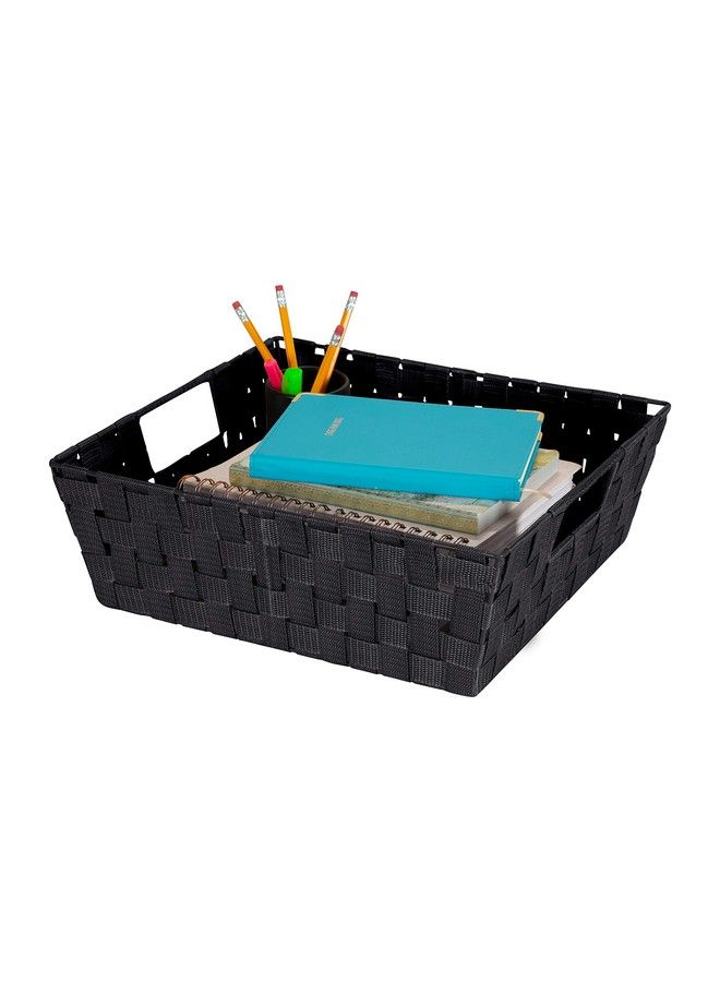 Simplify Large Shelf Woven Strap Tote Decorative Storage Basket Built In Handles Organizing Accessories Drawers Desks Closets Bathroom Bedroom Nursery Toys Gifts 2 Pack Black - Image 5
