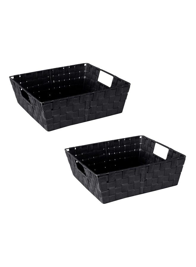 Simplify Large Shelf Woven Strap Tote Decorative Storage Basket Built In Handles Organizing Accessories Drawers Desks Closets Bathroom Bedroom Nursery Toys Gifts 2 Pack Black - Image 2