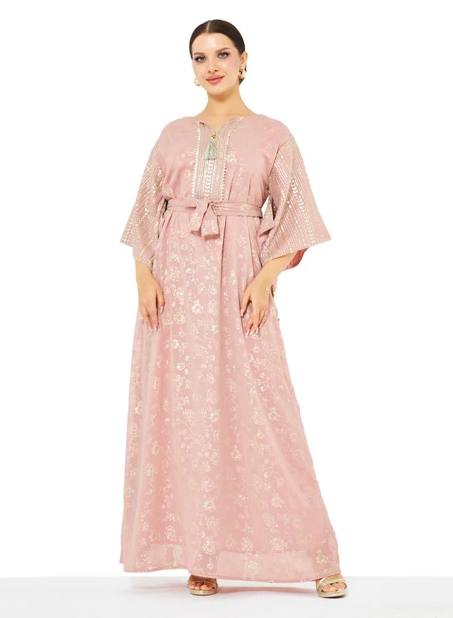 Thouq Pink A-Line Maxi Jalabiya with Gold Floral Print